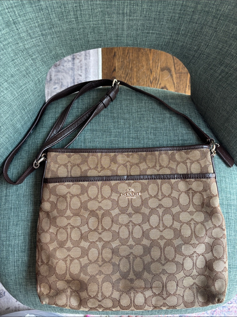 Coach Brown Signature Canvas Crossbody Dark Brown Trim Women purse Used Cond.